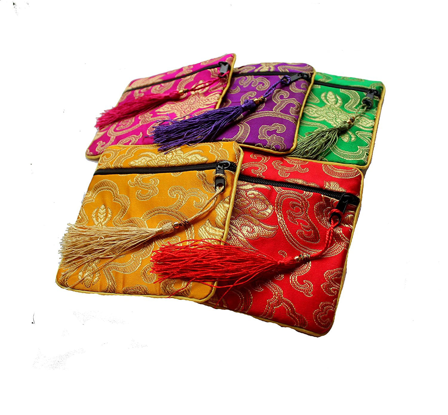 Wholesale Mix Colors Chinese Zipper Coin Tassel Silk Square Jewelry Bags Pouches