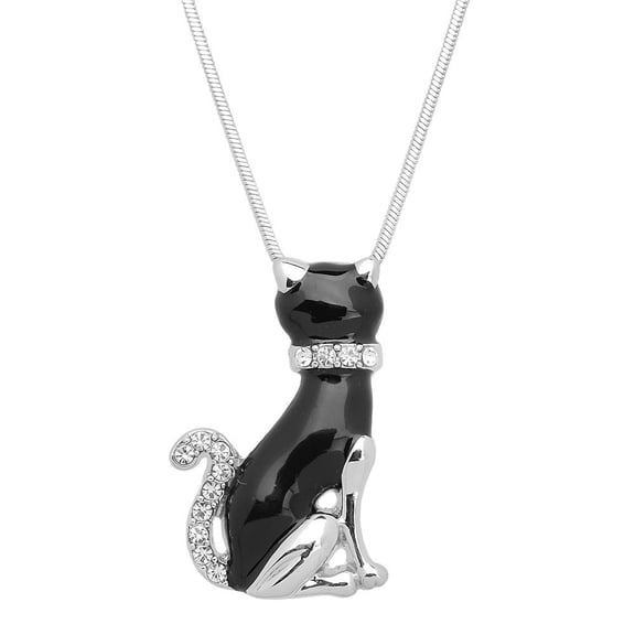 Black Cat Pendant Necklace Rhinestone Crystal Rhodium Plated 17 Inch Snake Chain J0609-BK