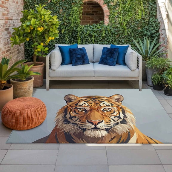 Outdoor Rug 3x5 ft Tiger Dog Wear Glasses Outdoor Large Area Rug Non Slip Rubber Grey Funny Animal Front Door Mat RV Rug Camping Carpet Patio Outdoor Rugs for Backyard Balcony Deck Porch Indoor