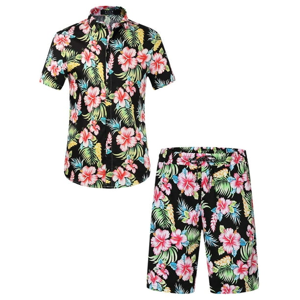 SSLR Men Hawaiian Shirt + Shorts Suits Casual Short Sleeve Button Down