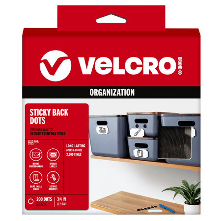 VELCRO Brand Sticky Back Fasteners, 3/4-Inch Dia. Coins, Black, 200/BX