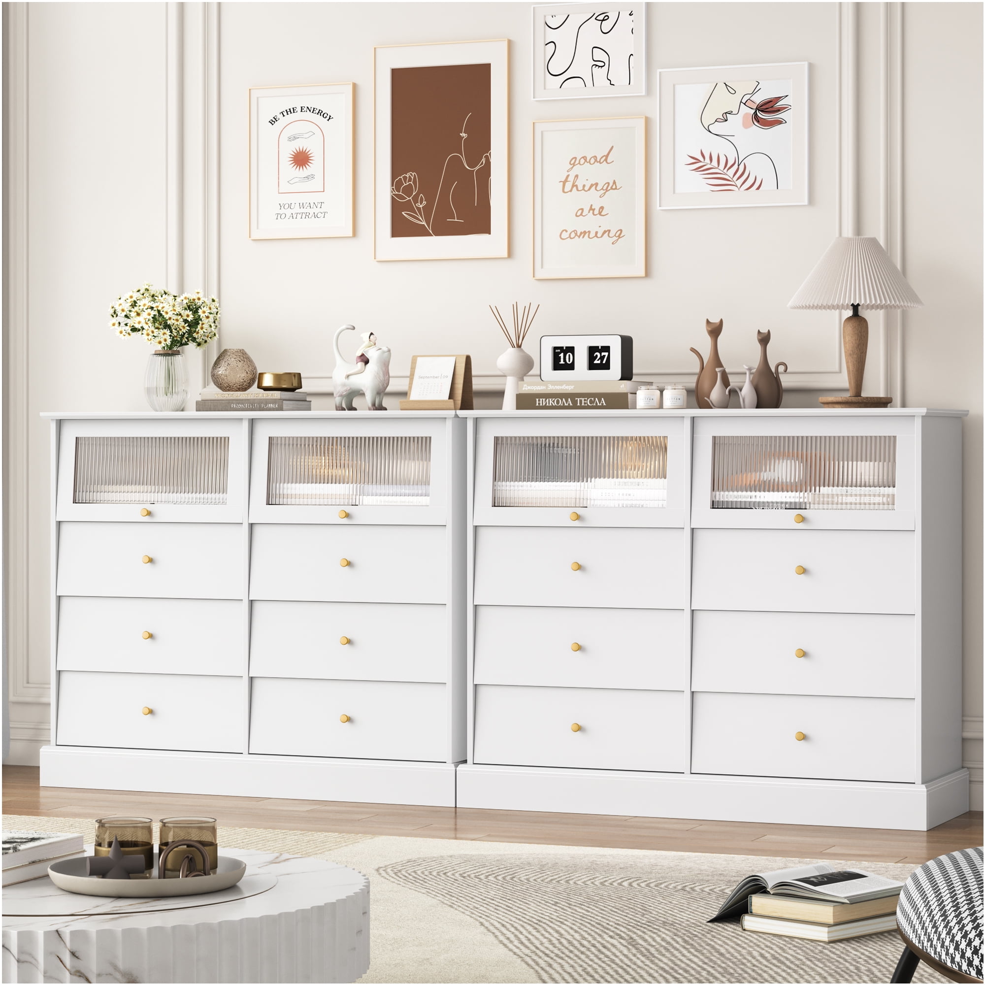 Homfa 8 Drawer Black Double Dresser for Bedroom, Glass Door Modern Wood Storage Cabinet for Living Room Hallway