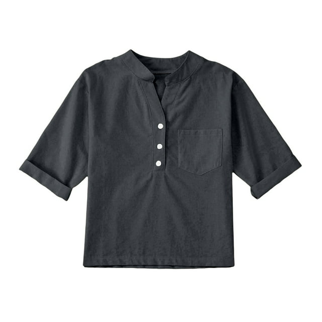 Xuewenshw Linen Shirts For Girl 3/4 Sleeve V Neck Blouses Buttons Loose Fit T Shirts Solid Color Summer Holiday Tops Girl Ruffle Outfits