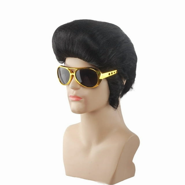 Peluca Rockstar Elvis Style con gafas de sol, corta, color negro