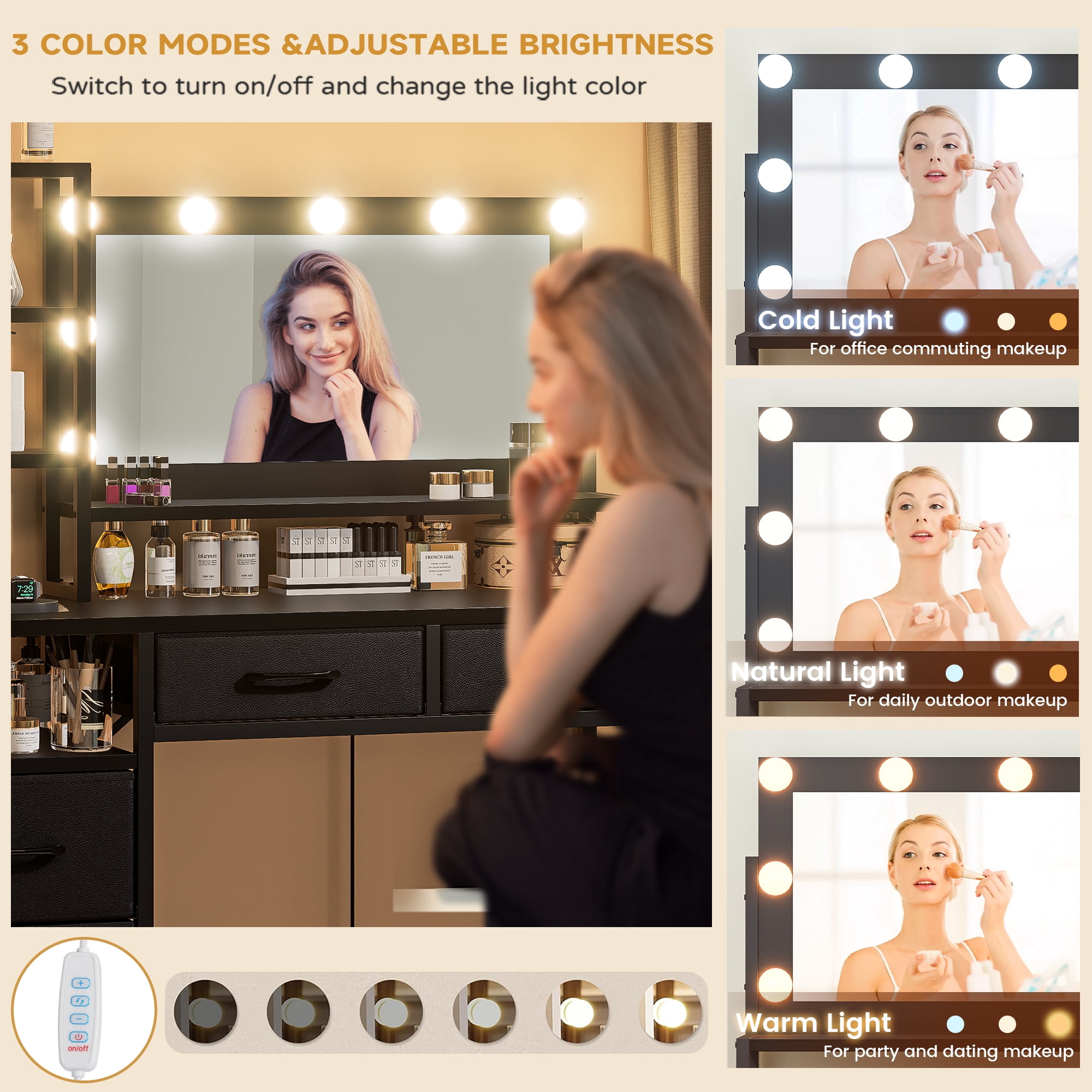 Vanity Desk with Mirror, 9 Lights, 3 Color Modes with Adjustable Brightness, 5 Spacious Fabric Drawers & Storage Shelves, Makeup Vanity with Power Outlets, Modern Vanity Table for Bedroom, Black
