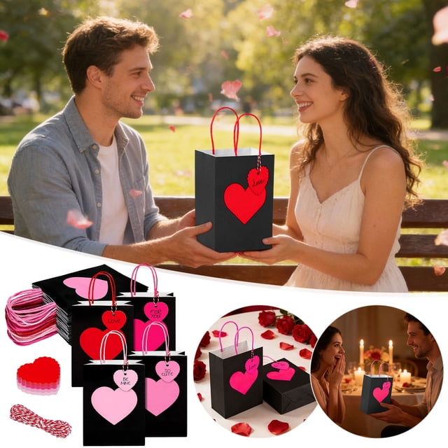 Love Giftes Bages - Paquete de 12 bolsas de regalo de papel kraft con forma de corazón para San Valentín, bolsas de papel para recuerdos de fiesta, bolsas para dulces, chocolates y pequeños regalos, d