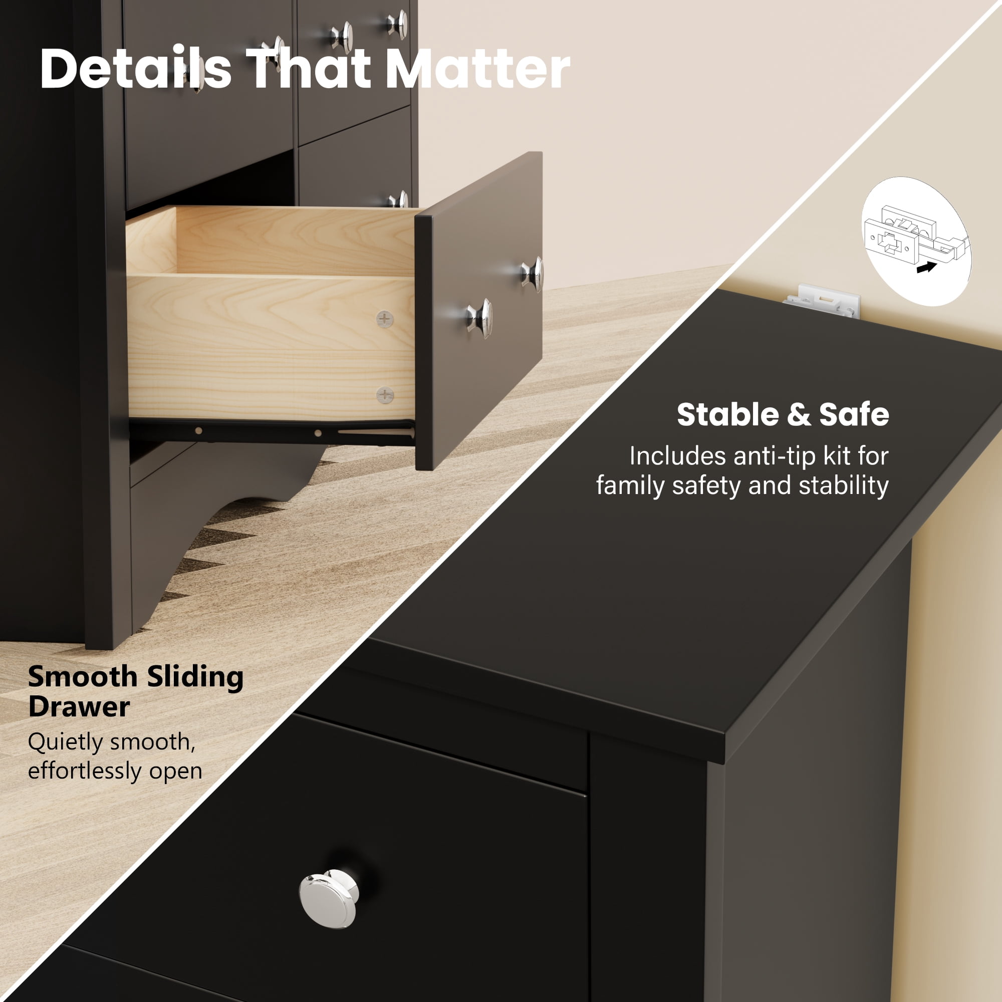Homall 6 Drawer Dresser for Bedroom, Wood Double Chest of Drawers with Metal Handles, Wide Storage Cabinet Organizer for Living Room, Black