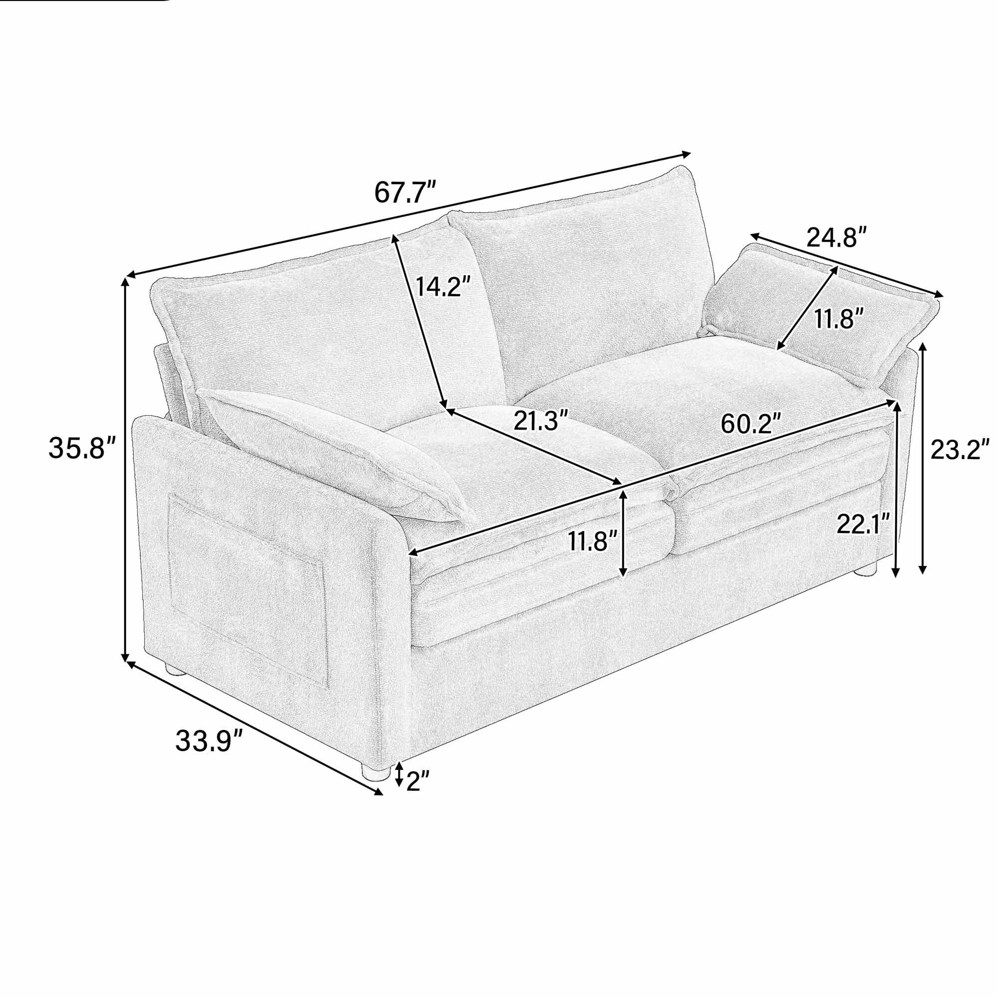 Lunale 2-Seater Sofa with Storage Pockets, Small Modern Cloud Couch for Living Room, Gray Chenille