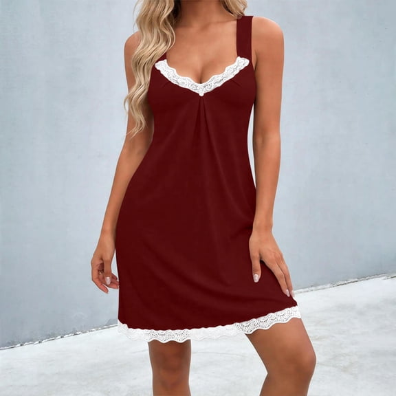 CYiJun Nightgowns for Women with Built-in Bra Sexy Sleepwear Lace Chemise V neck Modal Babydoll Lounge Dress