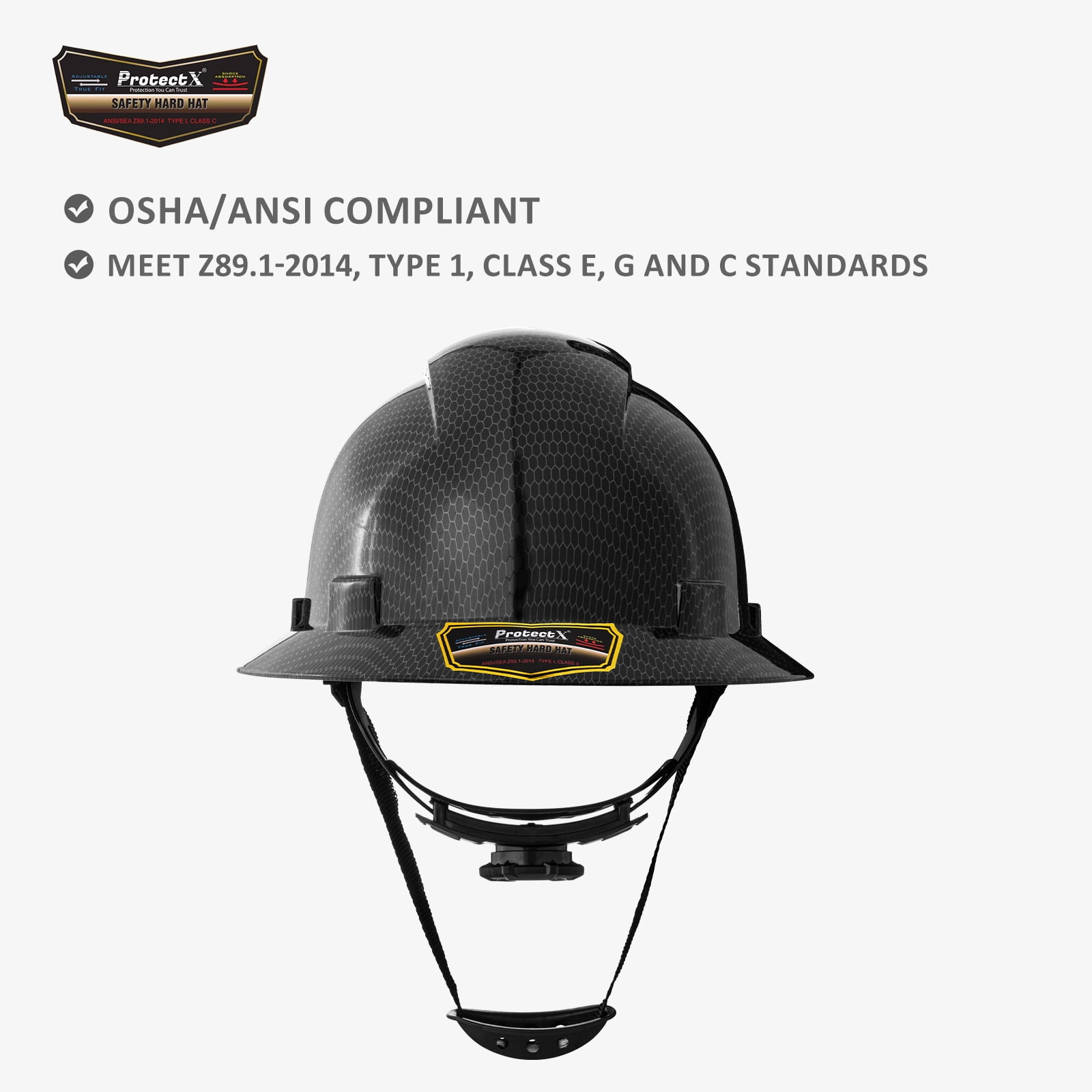 ProtectX Premium Full Brim Hard Hat, Cascos De Construccion for Safety, 6-point Adjustable Ratchet Suspension, Black Honeycomb, OSHA/ANSI Compliant