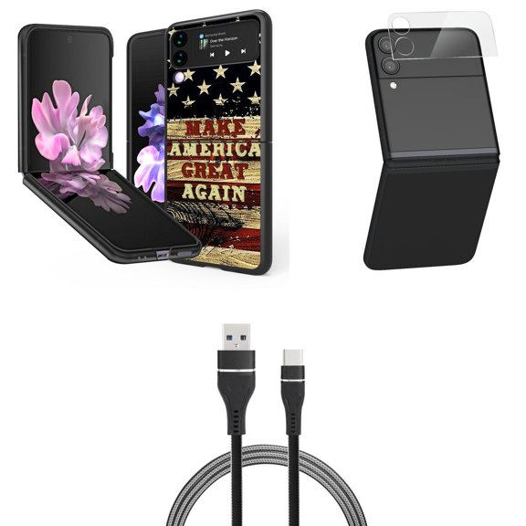 Bemz Premium Bundle for Samsung Galaxy Z Flip 3 5G: Slim Snap-On Protector Case (Make America Great Again), Rear Camera Glass Protector, Nylon Braided USB-C to USB-A Cable (3 Feet)