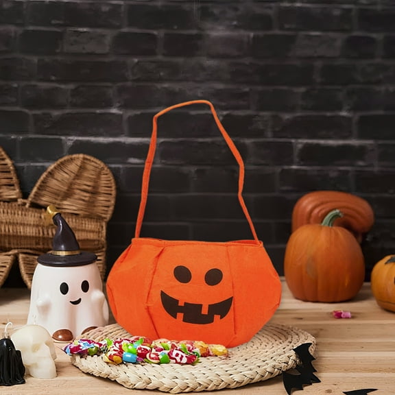 YIMWNYI Halloween Pumpkin Candy Bucket, Trick or Treat Bags, Durable Polyester Snack Basket for Halloween Parties, Cute Ghost Face Design, Reusable Festive Candy Holder