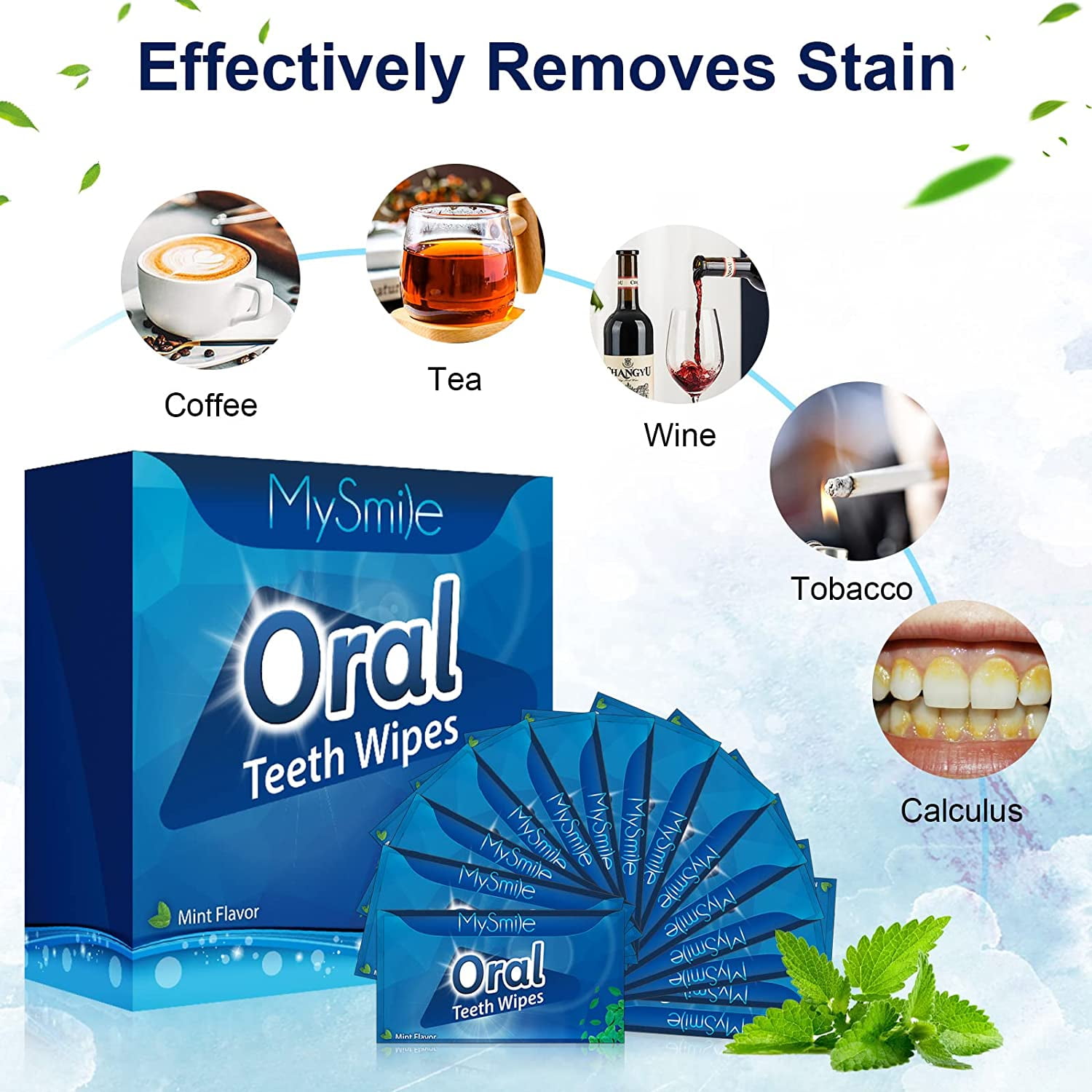 MySmile 100pcs Disposable Deep Cleaning Teeth Wipes Finger Brush Ups Tooth Wipes Oral Freshes Clean Wipes, Mint Flavor