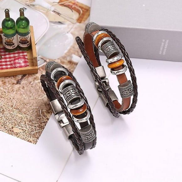 Lishi Vintage Leather Fossil Bracelet Set for Men (Dark Brown + Light Brown)