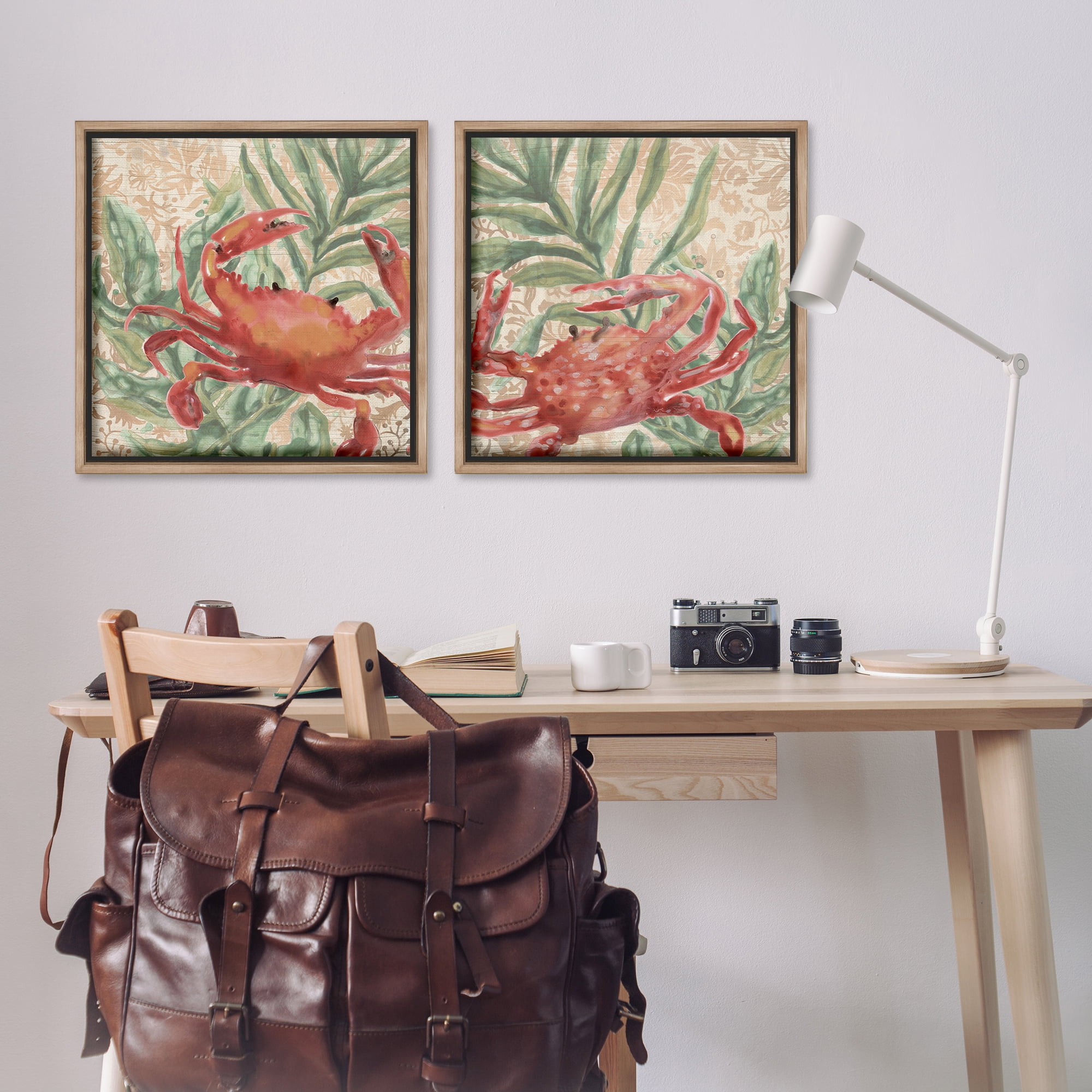 Stupell Industries Red Crab & Seaweed Animals Painting Brown Floater Framed Canvas Art Print Wall Art, 25 x 25, Set of 2