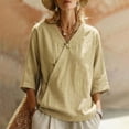 thumbnail image 2 of Women's V-Neck Asymmetrical Linen Blend Blouse - 3/4 Sleeve Casual Button Detail Tunic Top with Loose Fit, Lightweight Solid Boho Shirt for Summer & Vacation Khaki XXL, 2 of 5