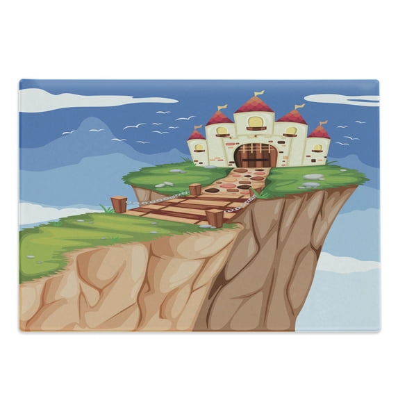Cartoon Cutting Board, Fairytale Themed Fantasy Palace on Edge of Mountain Peak Nursery Castle Doodle, Decorative Tempered Glass Cutting and Serving Board, in 3 Sizes, by Ambesonne