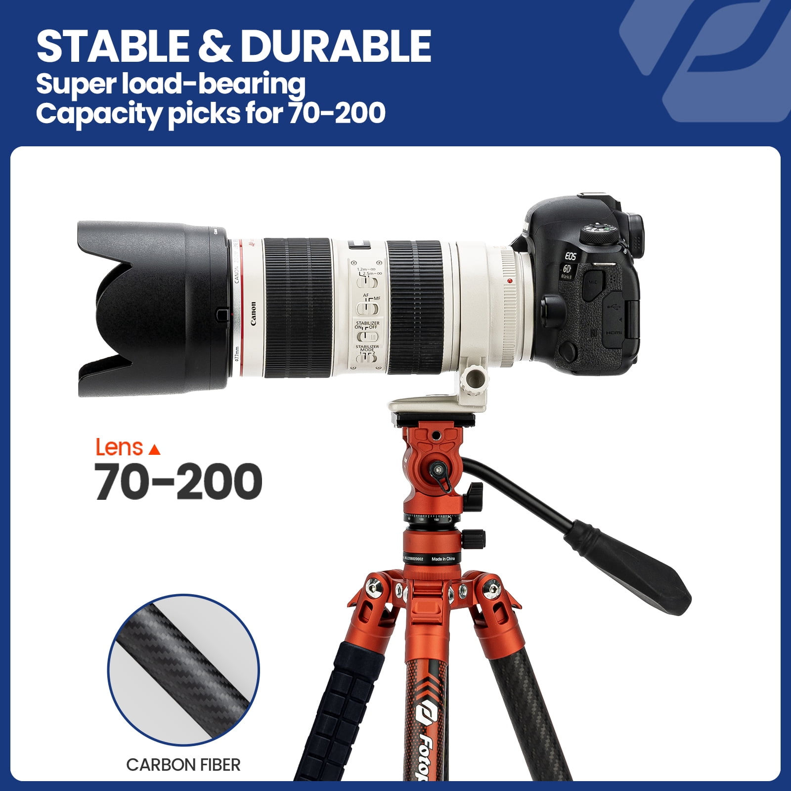 Fotopro X-Aircross 3 Video Tripod with Lightweight 3K Carbon Fiber Legs, Fast Locking System, and Two Section Center Column (Orange)