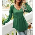 thumbnail image 6 of Mengpipi Women's Casual Puff Long Sleeve Peplum Tunic Tops V-Neck Loose Fit Pleated Flare Blouse T-Shirts with Smocked Cuffs, Green-M(US 8-10), 6 of 6
