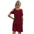 thumbnail image 2 of CALIPESSA Womens Summer Red Cold Shoulder Short Sleeve Round Neck Casual Flared Tunic A Line Dress, 2 of 5