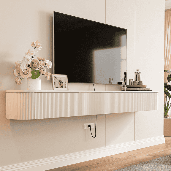 FloatiCasa 55-inch Floating TV Stand Wall-Mounted Media Console with Vertical Groove Design, for TVs up to 60 inches, Fully Assembled(White)