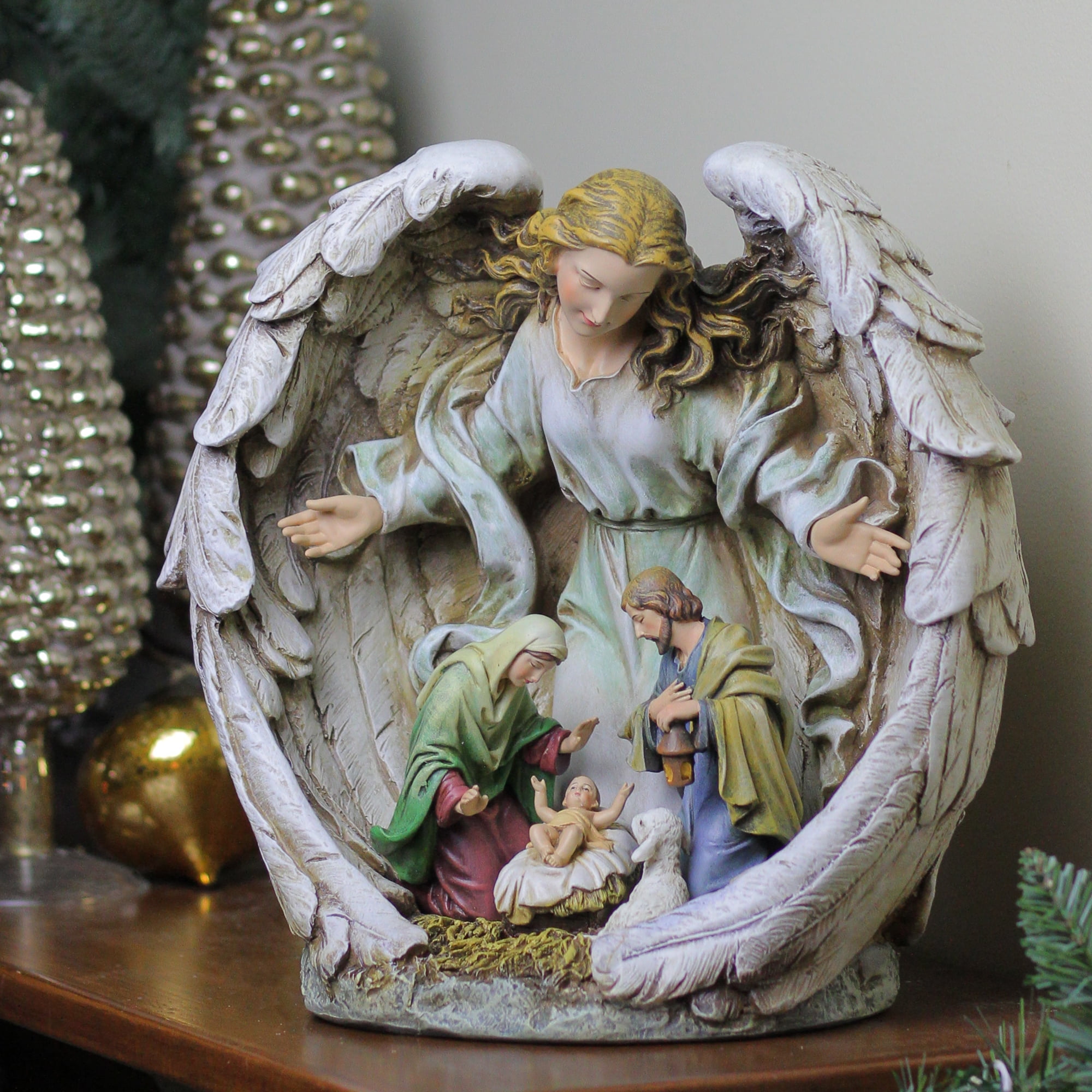 Guardian Angel with Holy Family Resin Nativity Statue 10 Inch