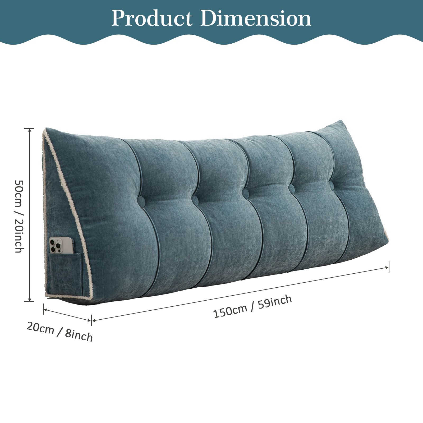 Lovote Triangular Headboard Pillow with Side Pockets, Chenille Fabric, Bed Rest Reading Pillow, Removable & Washable Cover, Contrasting-Color Fabric Piping, Daybed Wedge Pillow for Queen Beds