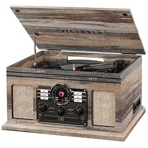 Victrola Nostalgic Tocadiscos Bluetooth 6 en 1 y centro multimedia con parlantes incorporados - Tocadiscos de 3 velocidades, reproductor de CD y casetes, radio AM/FM | Transmisión de música inalámbric