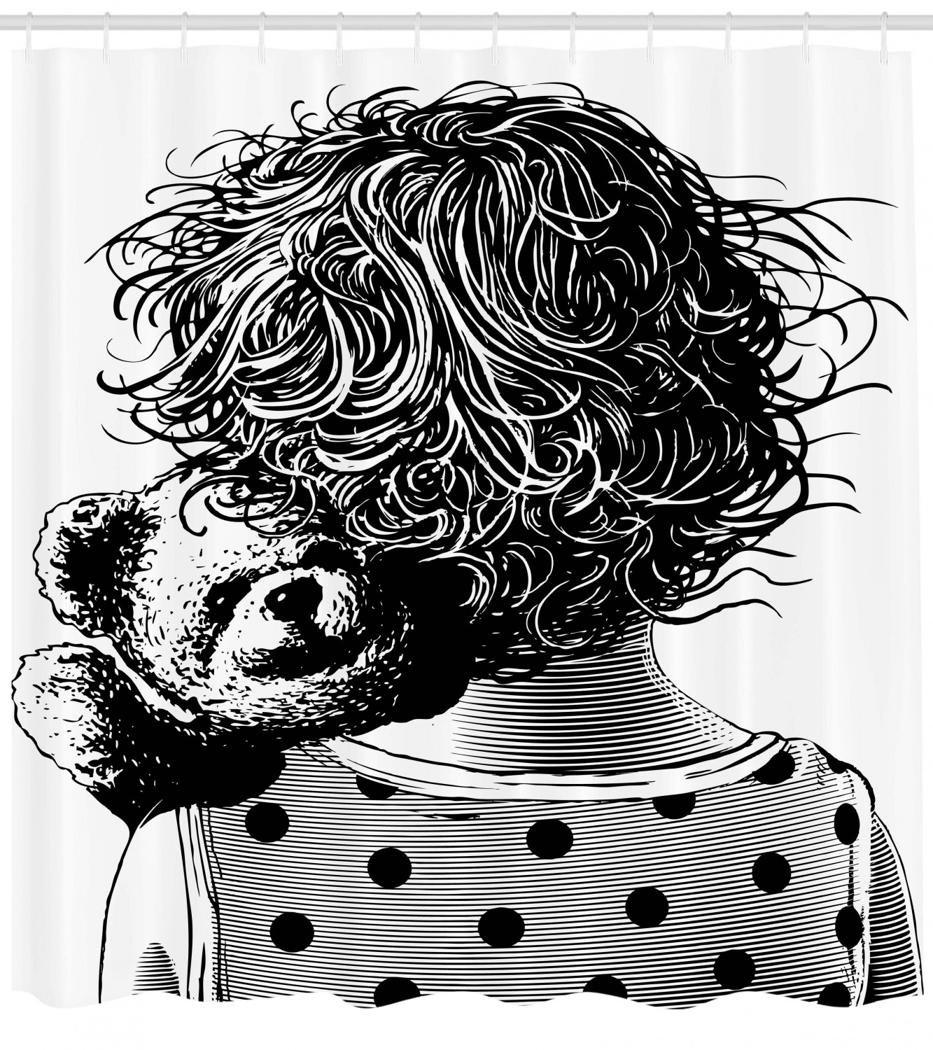 Kids Shower Curtain Little Girl Hugging Teddy Bear Children Love