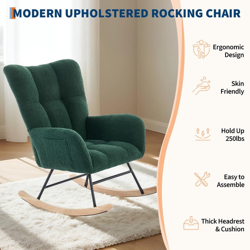 TROPOW Rocking Chair, Teddy Upholstered Glider Rocker, Nursery Glider Rocker with Wood Legs & Dual Side Pockets, Nursery Rocking Chair for Living Room, Bedroom