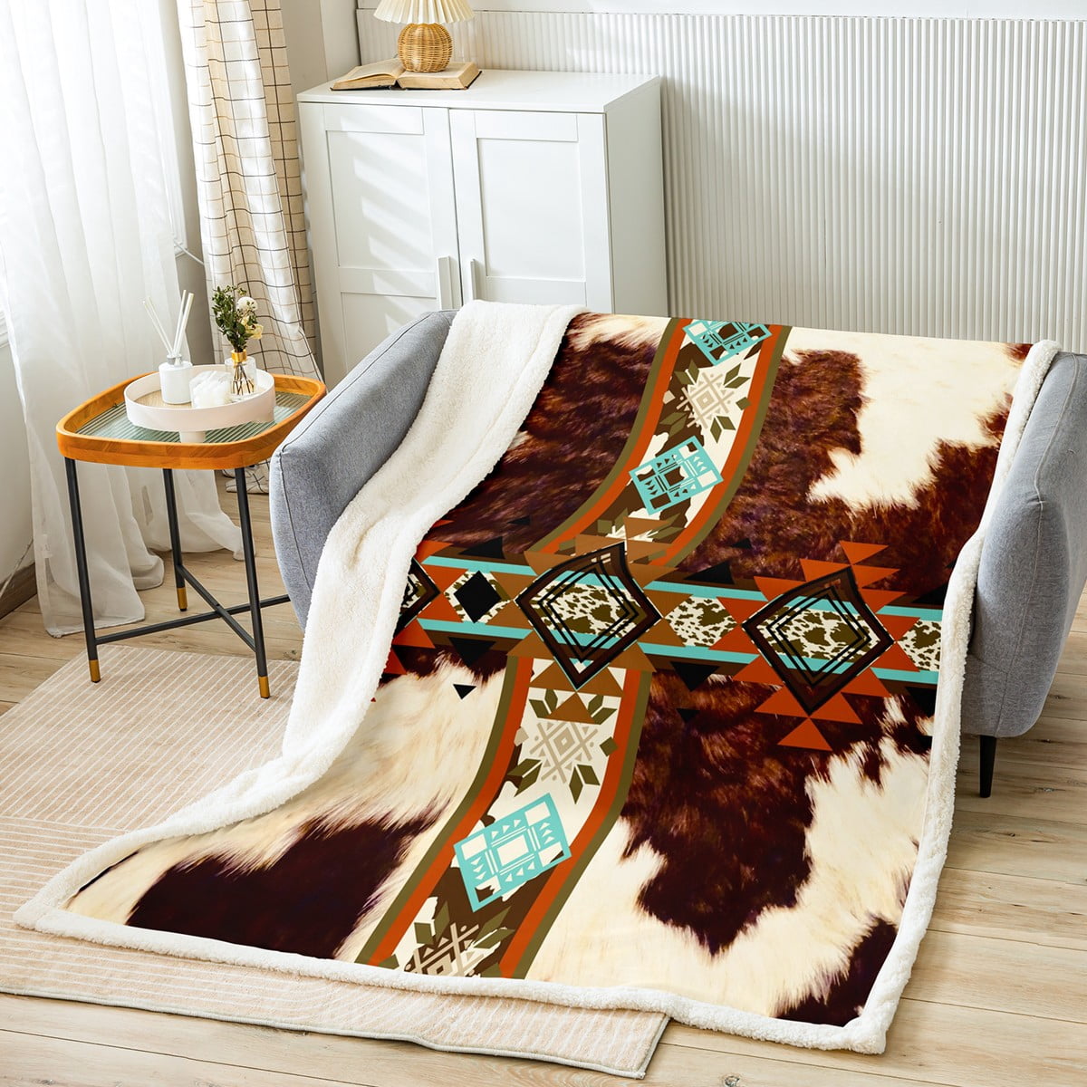 Cowhide Fleece Blanket Brown Highland Cow Print Blanket,Western Throw Blanket 40"x50" Exotic Aztec Blankets,Farmhouse Wild Animal Longhorn Skin Room Decor Cowboys Gifts for Men