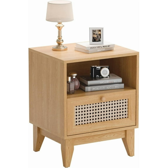 Rattan Nightstand, Nightstand with Drawers, Bedroom Nightstand, Boho Bedside Table, End Side Table, Farmhouse Night Stands with Drawer for Bedroom, Small Space