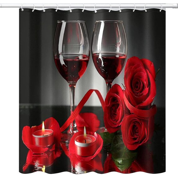Rose Shower Curtain, Valentine''s Day Shower Curtain, Black and White Striped Shower Curtain, 12 Hook Waterproof Shower Curtain, Red Rose Bathroom Decoration Waterproof Shower Curtain 66x72Inch