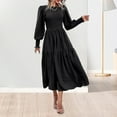 thumbnail image 4 of Fall Spring Women Dress Long Lantern Sleeves A-line Patchwork Round Neck Solid Color Pleated Bohemian Style Midi Dress Party Dating Dress, 4 of 8