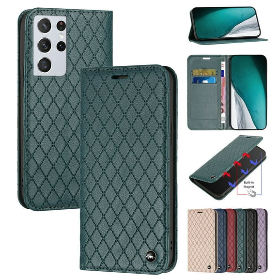 For Samsung Galaxy S22/S22 /S22 Ultra Phone Case，Shockproof Luxury Magnetic Rhombic lattice Leather Card Holder Cover，Silm Wallet Stand Case Cover