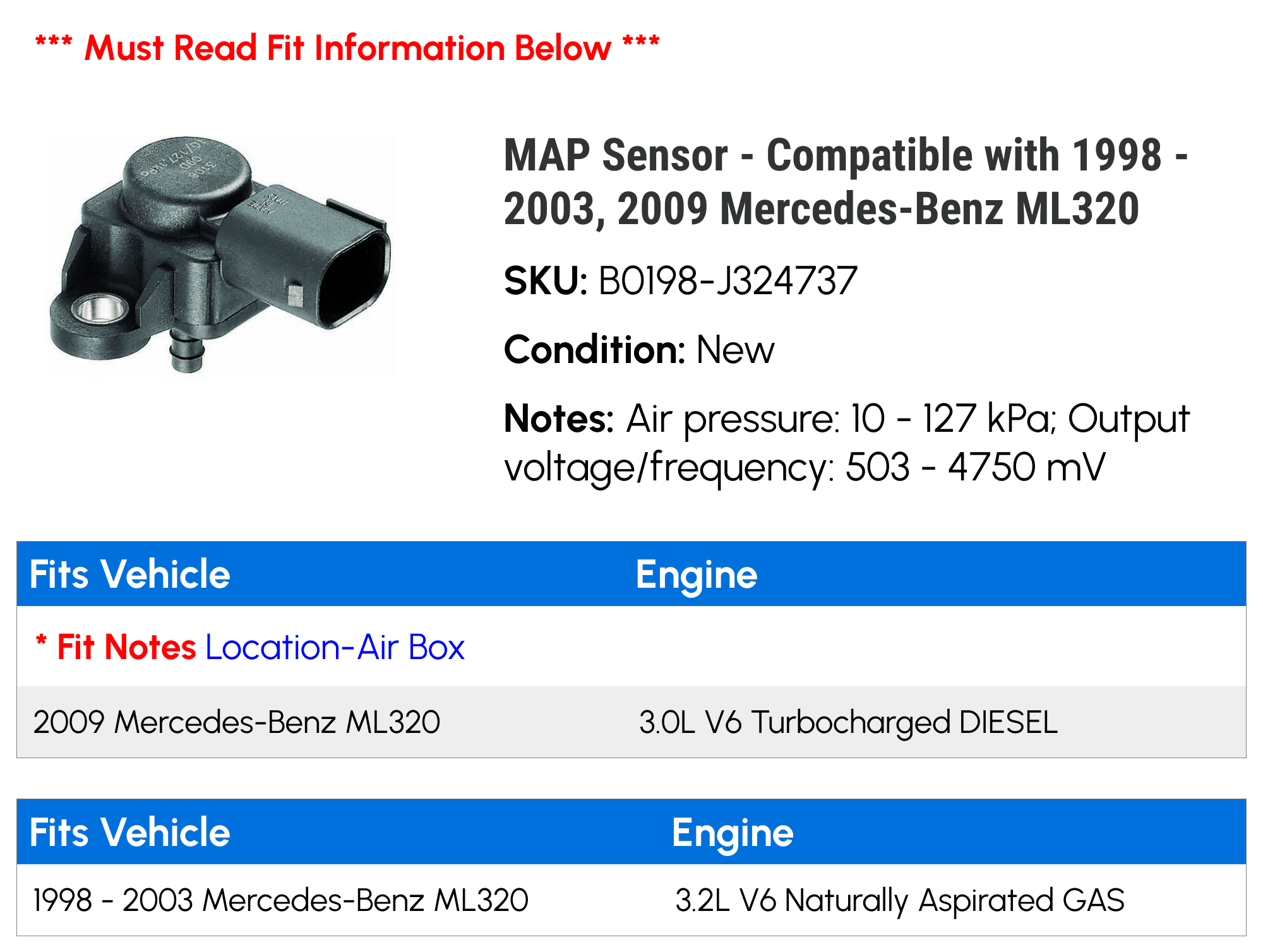 MAP Sensor - Compatible with 1998 - 2003, 2009 Mercedes-Benz ML320 1999 2000 2001 2002