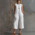 thumbnail image 3 of Long Sleeve Romper Women's Cropped Jumpsuit, Sleeveless Linen Round Neck Button Front Wide Leg Pants with Pockets, Summer Casual Daily Travel Wear White L, 3 of 6
