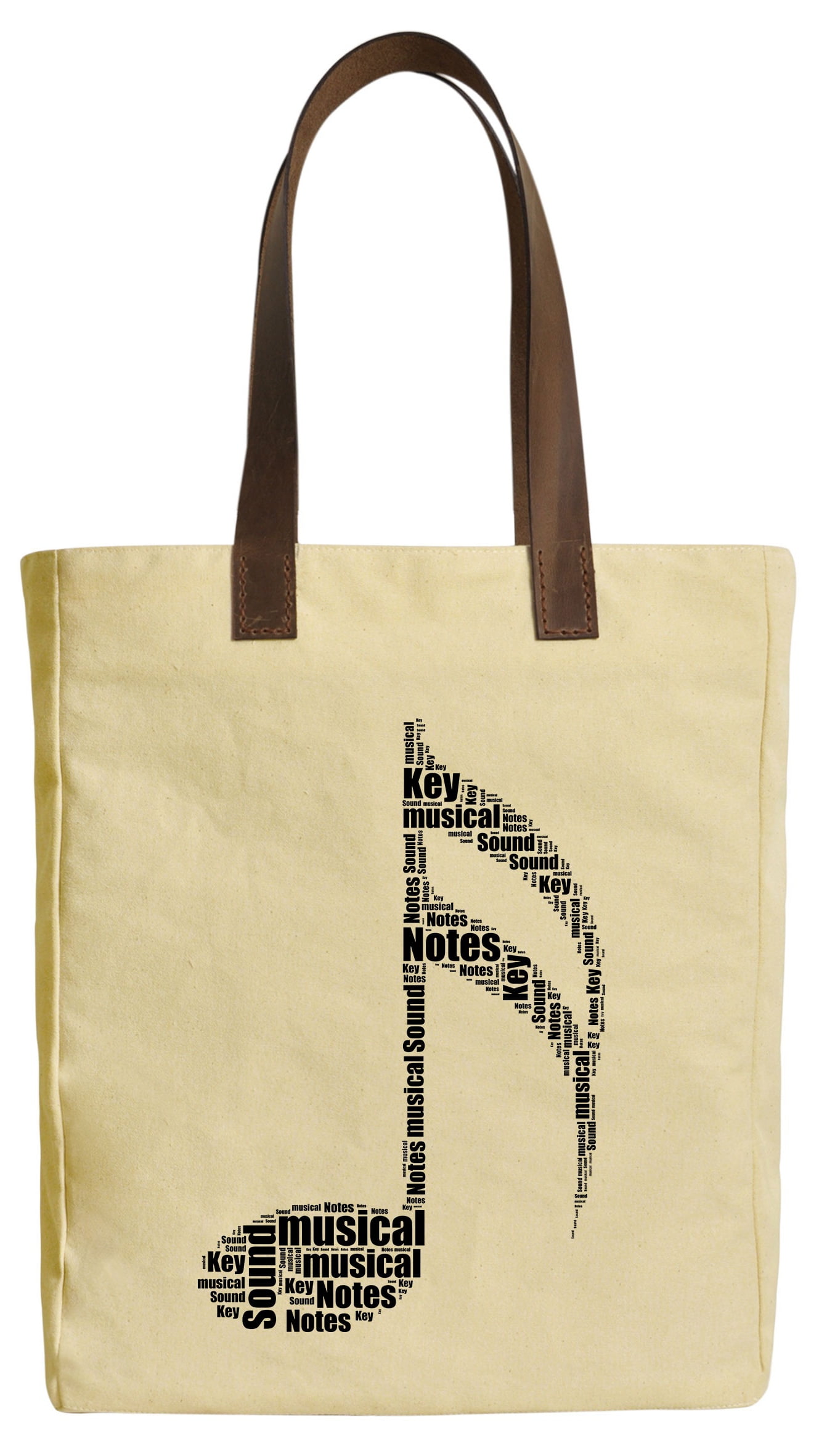 New Music Notes Word Beige Printed Canvas Tote Bags Leather Handles