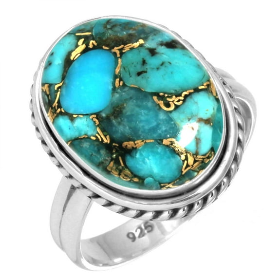 925 Silver Ring For Women - Men Copper Blue Turquoise Stone Silver Ring Size 11 December Birthstone Boho Silver Ring Size 11 Gift For Girl Friend On Halloween 925 Gemstone Silver Jewelry