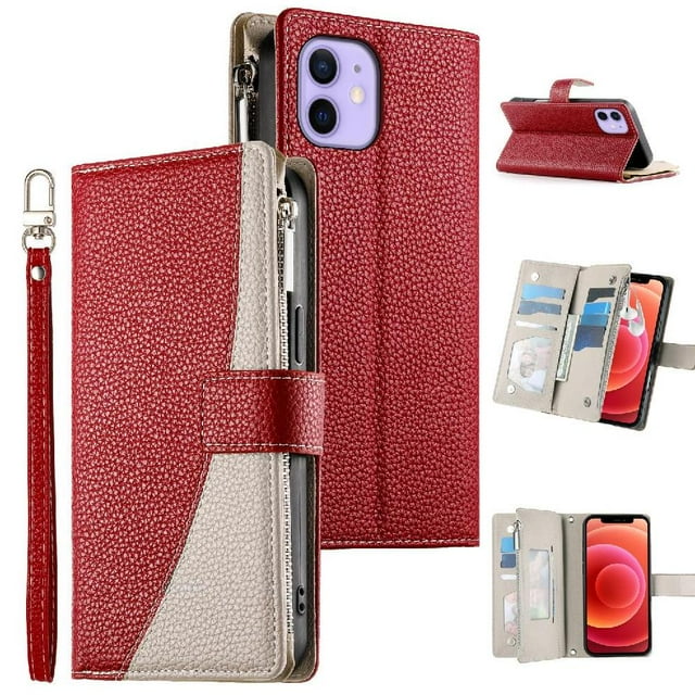 Funda cartera GANGXUN para iPhone 12 Pro , cuero PU con tarjetero, cremallera, correa de mano, soporte y protección 599°