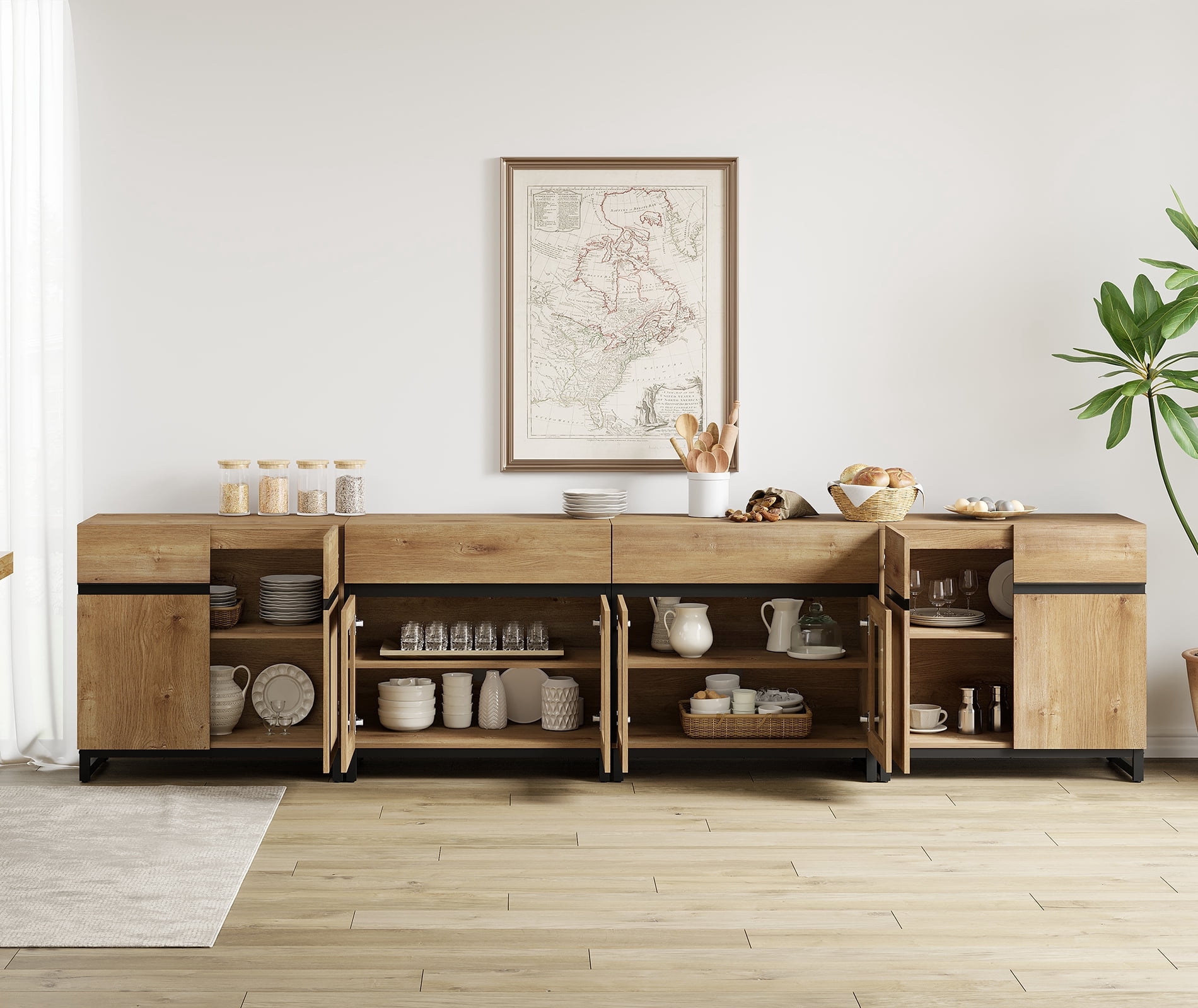 4 In 1 Sideboard Buffet Cabinets With Glass Doors And 2 Drawers, Modern Sideboard Credenza With Adjustable Shelf And Metal Base,Cabinet Storage Cabinet,Oak