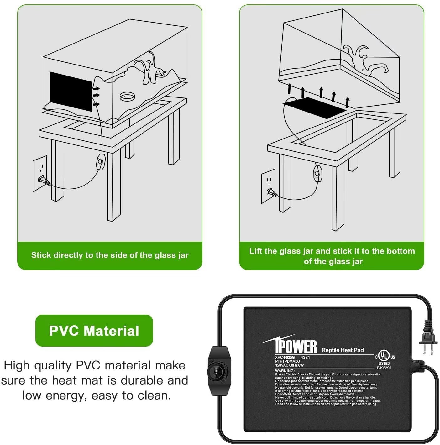 iPower 6" x 8" Reptile Heat Mat - 8W Under Tank Heater with Adjustable Thermostat for Turtles, Snakes, Lizards & Amphibians, 2 Pack