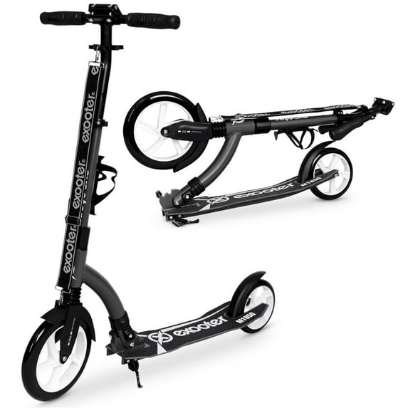 exooter m1850bw 6xl adult kick scooter with front shocks and 240mm/180mm white wheels in black finish.