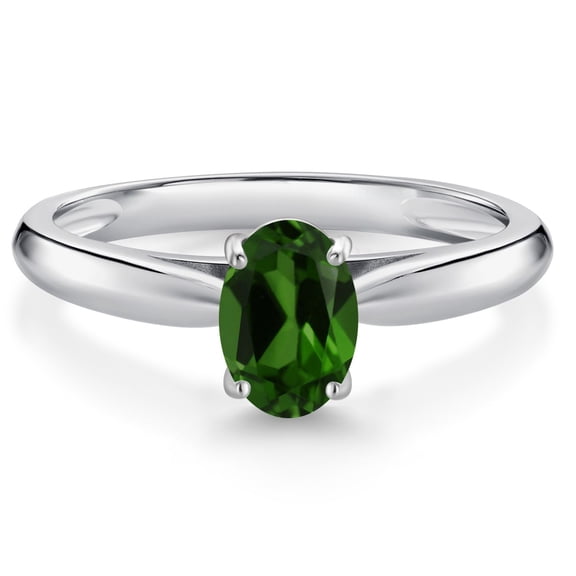 Gem Stone King 10K White Gold Green Chrome Diopside Solitaire Engagement Ring for Women (0.70 Cttw, Oval 7X5MM, Gemstone Birthstone, Size 9)