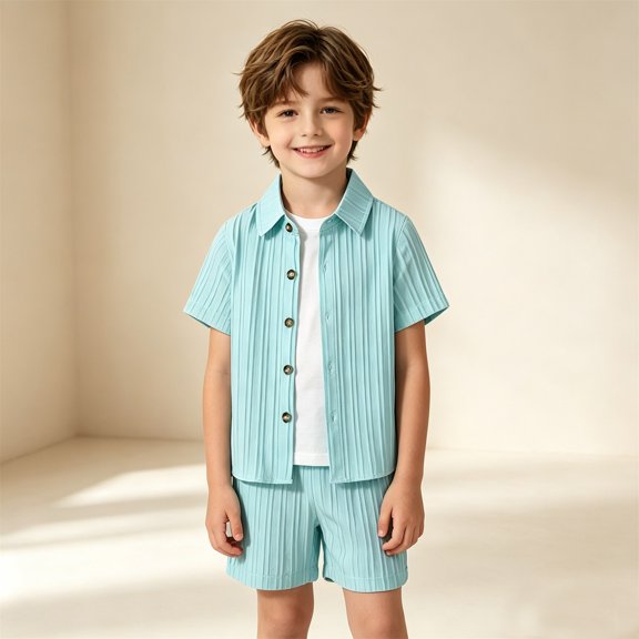 Angala Outfit For Infant Boys Ribbed Graphic Short Sleeve Collared Gentleman Style Shirt Shorts Set Boys Fall Casual Clothes