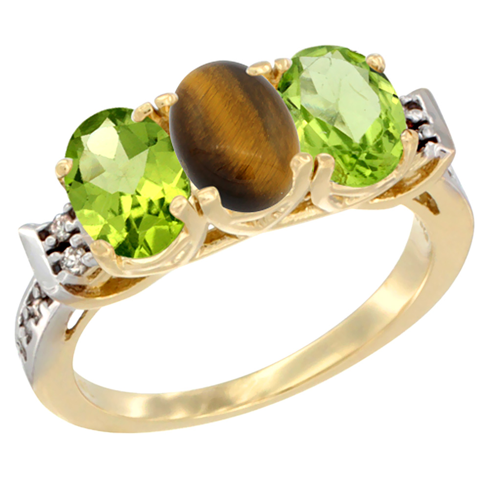 10K Yellow Gold Natural Tiger Eye & Peridot Sides Ring 3-Stone Oval 7x5 mm Diamond Accent, sizes 5 10 by WorldJewels