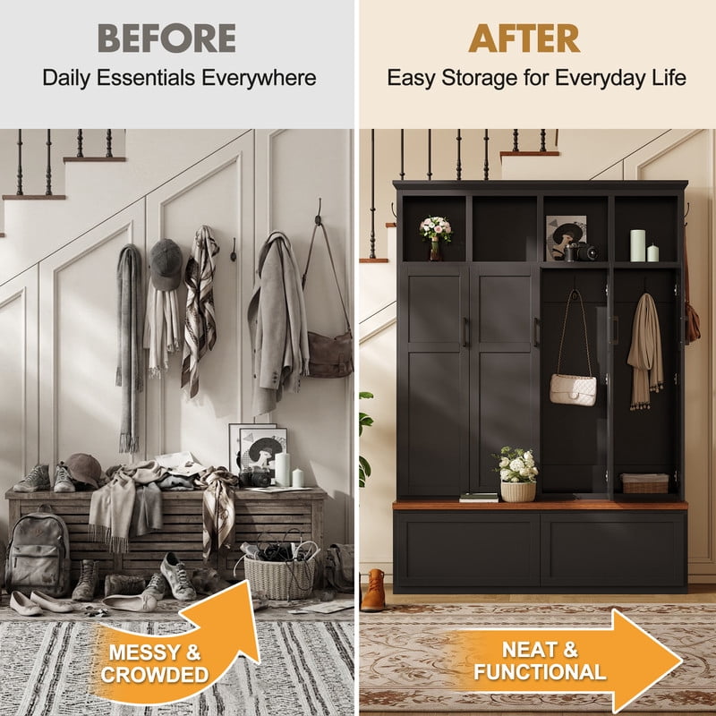 Farmhouse Hall Tree w/ 4 Cabinets w/ Door, Mudroom Coat Rack w/ Open Shelves, Entryway Storage Shoe Bench w/ 2 Drawers & 6 Hooks