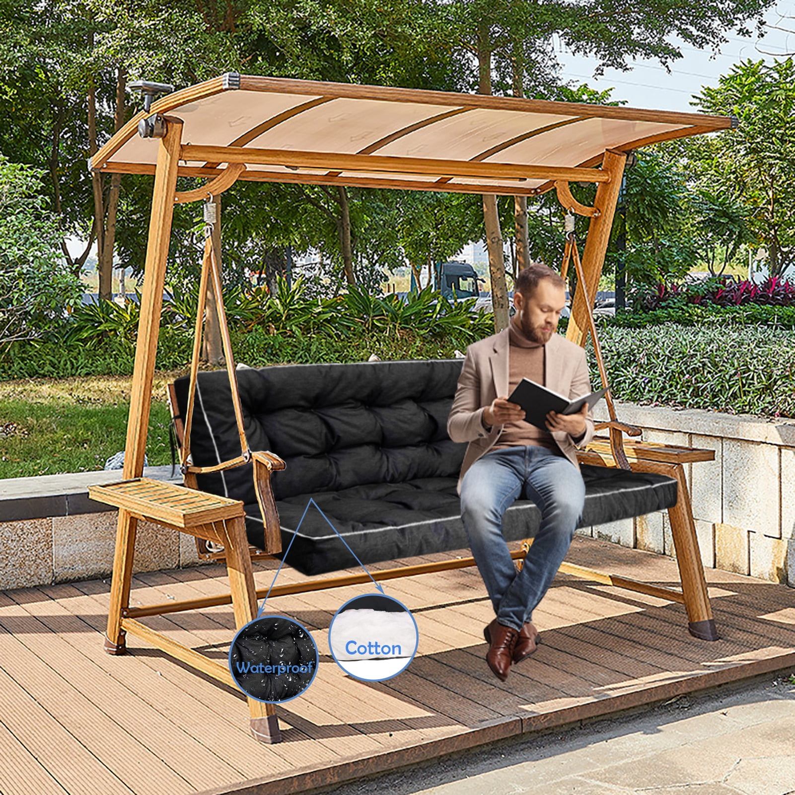 Porch Swing Cushions 55in, Swing Cushions 3 Seater Replacement with Backrest, Thicken 4" Waterproof Bench Pad Cushions, Outdoor Loveseat Cushions Non-Slip Chairs Pad (Black)