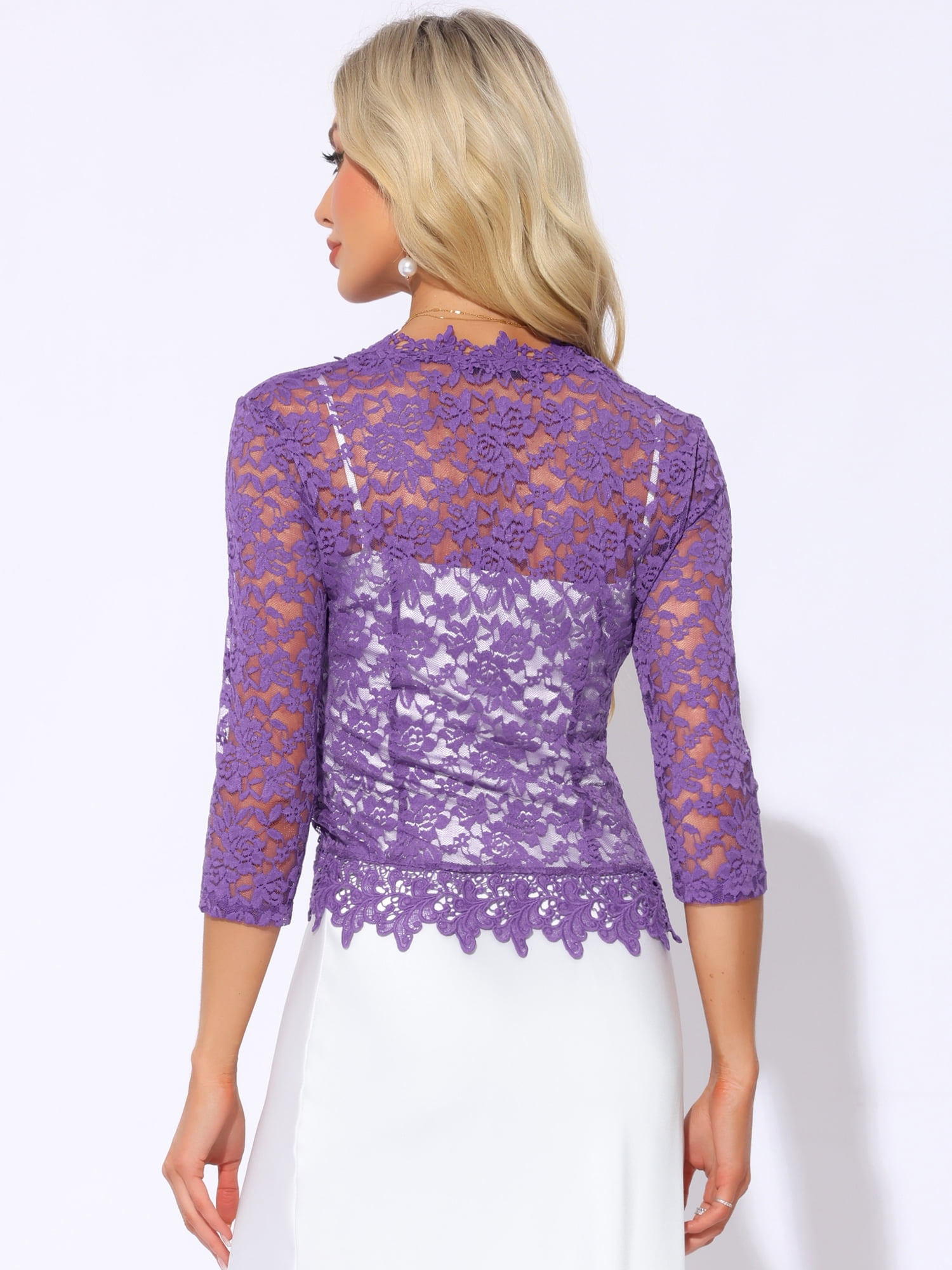 DARING DIVA Women's Floral Lace Shrugs Evening 3/4 Sleeves Formal Bolero Cardigan XL Purple
