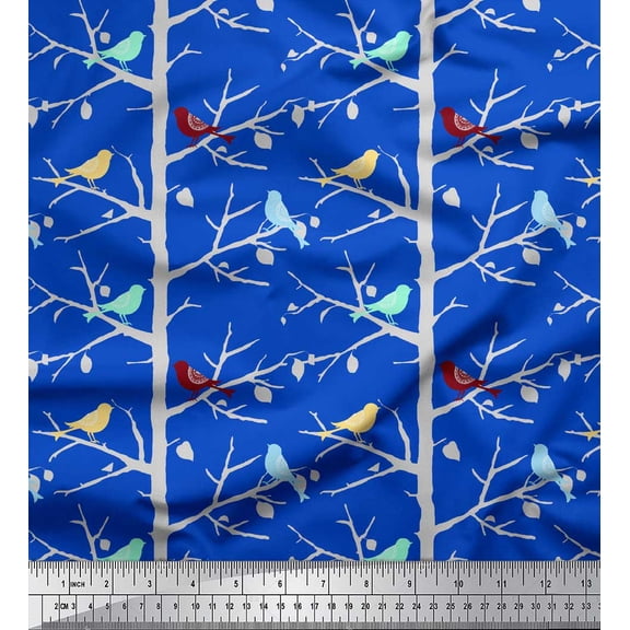 Soimoi Blue Cotton Voile Fabric Artistic Bird & Tree Print Fabric by the Yard 42 Inch Wide